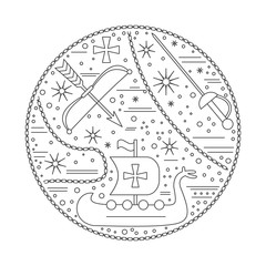 Medieval icons, symbols in round composition. Crossbow, Viking ship, sabre, knight cross, chain. Medieval design elements isolated on white background. Vector template.