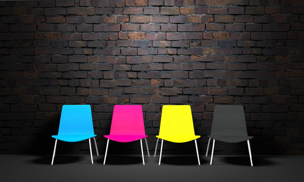3D CMYK chair and brick wall