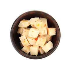 Delicious pepper cheese in brown bowl on white background
