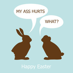 Obraz premium Funny Easter card.Two chocolate Easter Bunny on a blue background. Flat vector illustration