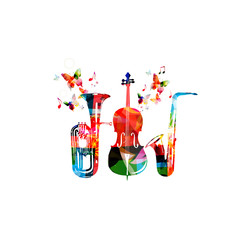 Colorful euphonium, saxophone and violoncello with music notes and butterflies isolated vector illustration. Music instrument background for poster, brochure, banner, flyer, concert, music festival © abstract