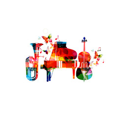 Colorful euphonium, piano and violoncello with music notes and butterflies isolated vector illustration. Music instrument background for poster, brochure, banner, flyer, concert, music festival © abstract