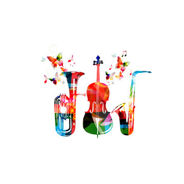 Colorful euphonium, saxophone and violoncello with music notes and butterflies isolated vector illustration. Music instrument background for poster, brochure, banner, flyer, concert, music festival