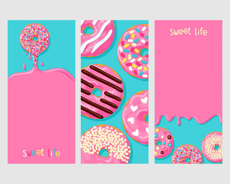A set of three posters of donuts: donut dripping with it with frosting, donuts with different toppings, and icing flowing down on the donuts 