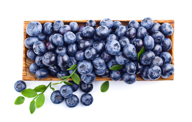 Fresh juicy blueberries with green branch isolated on a white
