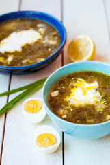 Green borscht in deep plates. Sorrel soup with spinach and egg in two deep blue dishes.