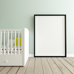 Baby Room Interior, Poster Mockup, Black Frame, 3d Render