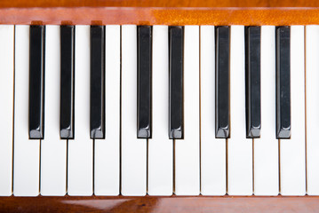 Keys of a grand piano of the piano, Top view. Copy space