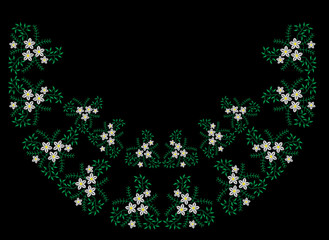 Embroidery stitches effect floral pattern with white flower and green leaf