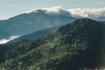 Obraz premium View at a mountain range with fog. Mountain landscape with fog