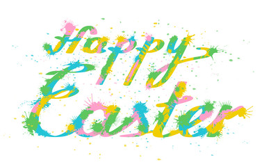 Colorful happy easter inscription with ink splash isolated on white