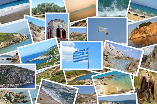 Collage of many photographs of travel destinations in Greece