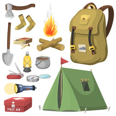 Hiking camping equipment base camp gear and accessories outdoor cartoon travel vector illustration.