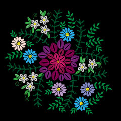 Embroidery stitches imitation with colorful flower, grass and green leaf