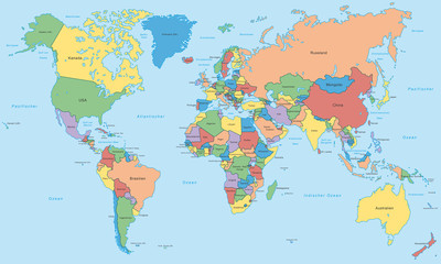 Fototapeta Weltkarte - einzelne Länder in Farbe (hoher Detailgrad) obraz
