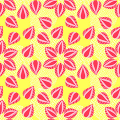 Bright yellow seamless pattern with sliced strawberries 