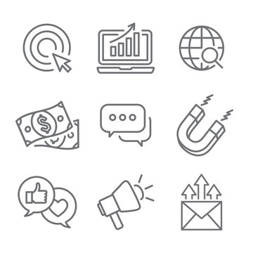 Inbound Marketing Vector Icons with growth, roi, call to action, seo, lead conversion, social media, attract, brand engagement, promoters, campaign, smm