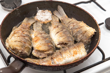 Fish carp is fried in a frying pan