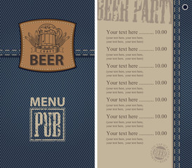 vector menu for beer pub on denim background with price list and a leather label with a picture of a beer mug