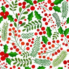 Seamless pattern with holly leaves, twigs, berries in red and green colors on a white background.