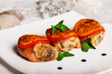 Chicken thighs with orange and mint baked, still life, chicken legs