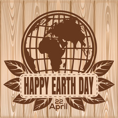 Happy Earth Day lettering on a wooden background. April 22. Vector illustration