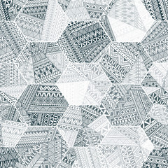 Seamless geometric pattern in the style of zentangle. Doodle, patchwork. Monochrome hexagons.