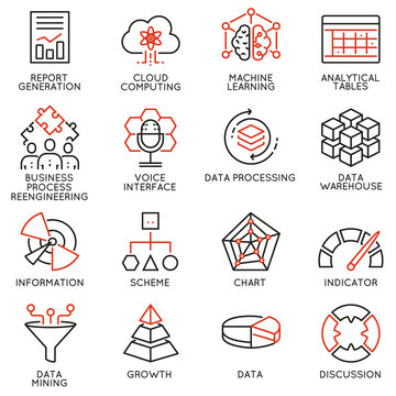 Vector set of 16 icons related to business intelligence, strategy management system and balanced scorecard. Mono line pictograms and infographics design elements