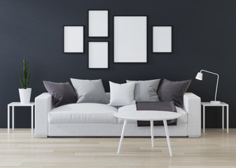 Blank poster on dark wall, interior composition. 3D rendering.