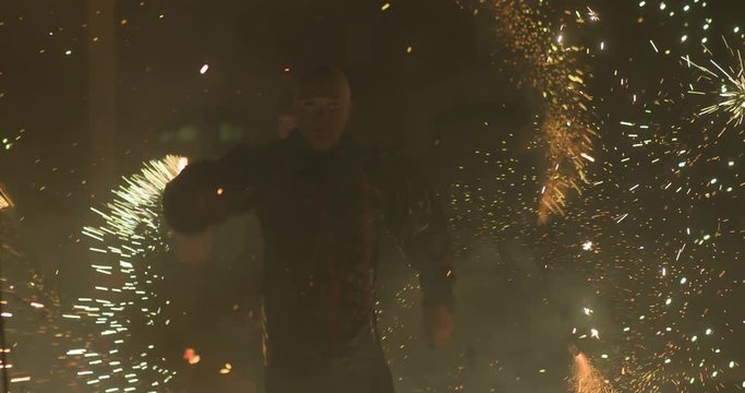 Fire performers, fire show. Slow motion