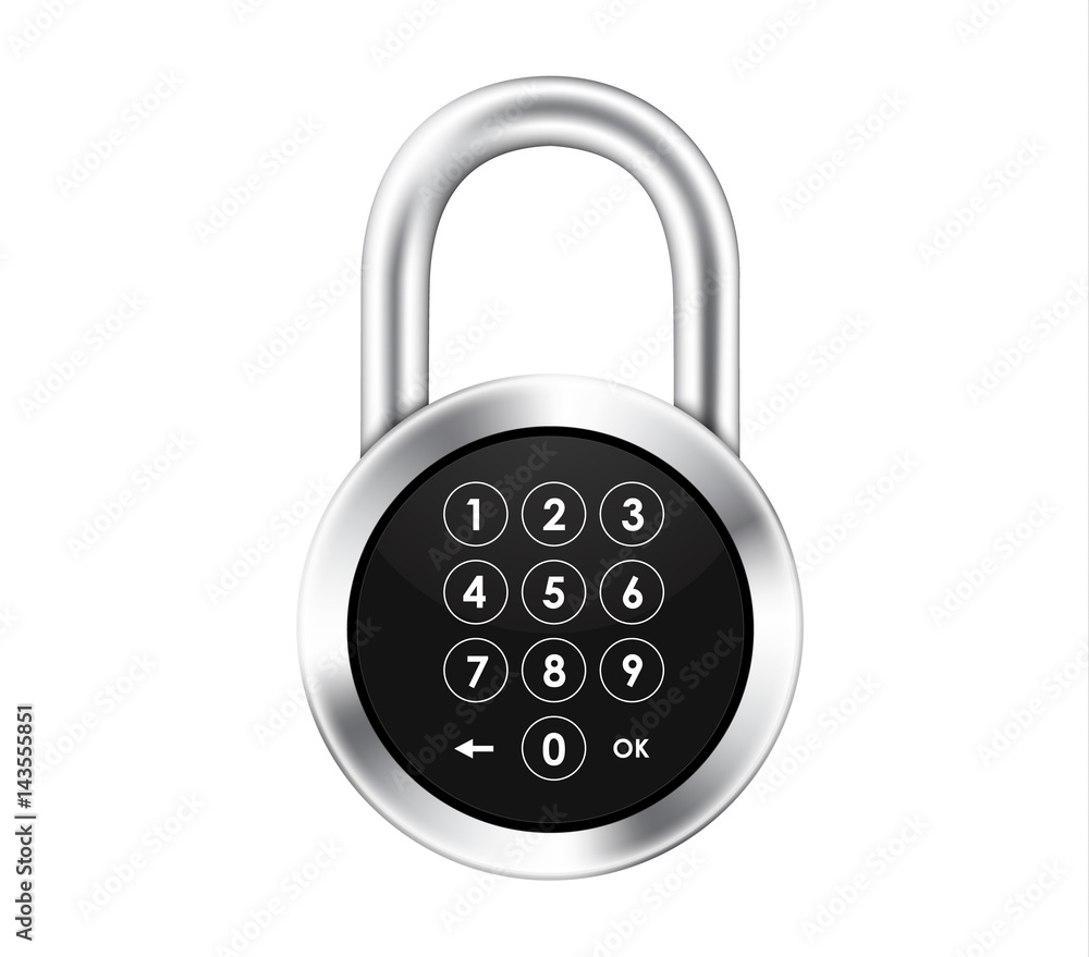 Poster icon of a realistic hinged metal padlock with a numeric keypad