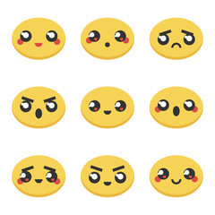 Set, collection of kawaii japanese emoticons, emoji yellow faces isolated on white background. Flat design.