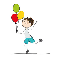 Happy boy running and holding colorful balloons in his hand  - original hand drawn illustration