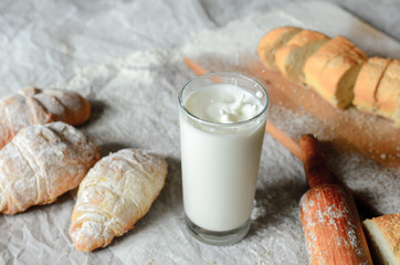 Still life of milk and bread products.