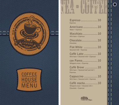 vector menu for coffee house on denim background with price list and a leather label with a picture of a cup of coffee