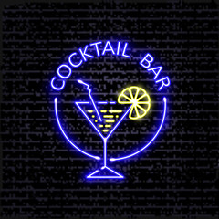Cocktail bar. Neon blue signboard on a dark relief background. Text and wineglass with lemon. Suitable for business, advertising, web. Element for design. Vector illustration of EPS 10.