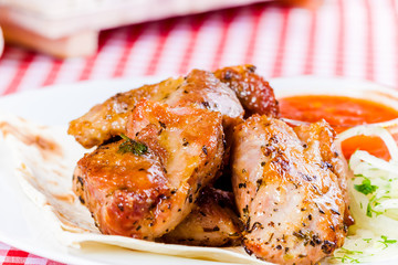 Grilled pork with tomato sauce and pita bread on white plate