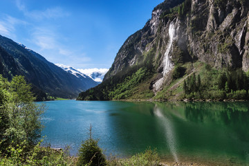 Naklejka na ściany i meble Mountain lake alpine scenic. Stillup lake austrian summer mountain landscape, Tyrol