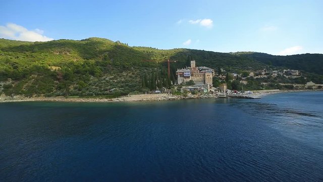 View of the mountains from the ferry, the Mediterranean sea Greece Halkidiki holy mountain Athos 