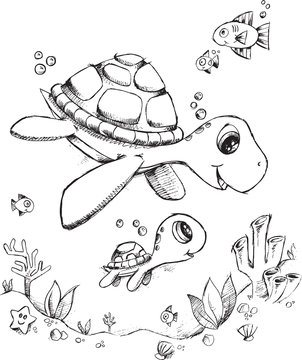 Doodle Sea Turtle Vector Illustration Art