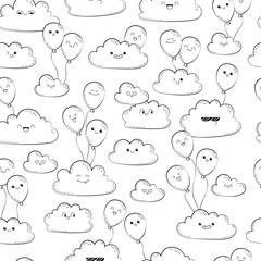 Vector seamless pattern with clouds and balloons. Happy spring clouds fly. Anti-stress coloring page for adults