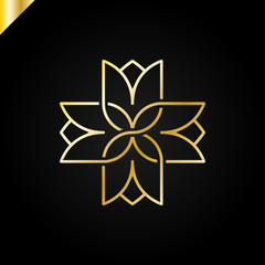 Isolated abstract colorful cross vector logo. Medical logotype. Flower petals illustration. Floral decorative element. Clinic and hospital emblem. Natural products icon.