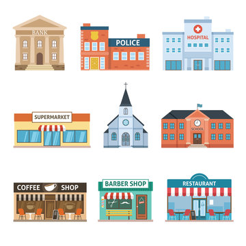 Set of buildings. Bank, hospital, police, supermarket, church, school, coffee shop, barber shop and restaurant