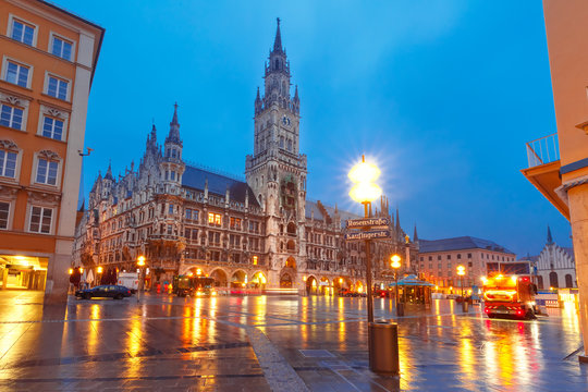Marienplatz square and New Town hall during morning blue hour in Munich, Bavaria, Germany