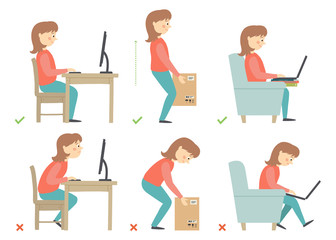 Woman cartoon character. Correct and Incorrect Activities Posture in Daily Routine - Sitting and Working with a Computer, Lifting Weight.