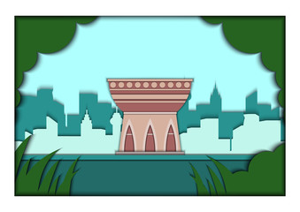 Paper applique style vector illustration. Card with application of Kazan ponorama with Family center Bowl. Postcard