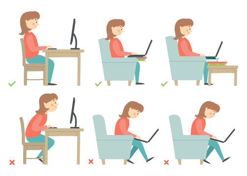 Correct and Incorrect Activities Posture in Daily Routine - Sitting and Working with a Computer. Woman character.