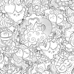 Vector hand drawn heart, cat, balloon, cloud, strawberry, bird, gift, butterfly illustration for adult coloring book. Sketch for adult anti stress coloring book page with doodle and zentangle elements