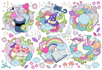 Halloween Concept. Hand drawn doodle illustration. Seamless magic pattern. Cartoon Doodle Patches and Badges