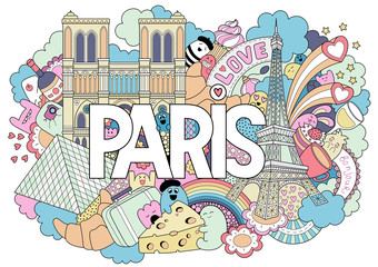 Vector doodle illustration showing Architecture and Culture of Paris. Abstract background with hand drawn text Paris. Template for advertising, postcards, banner, web design. Hand lettering
